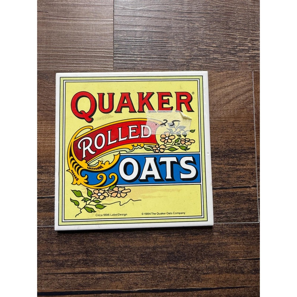 Vintage 1984 Quaker Rolled Oats Ceramic Tile Trivet 6x6 Farmhouse Kitchen Decor